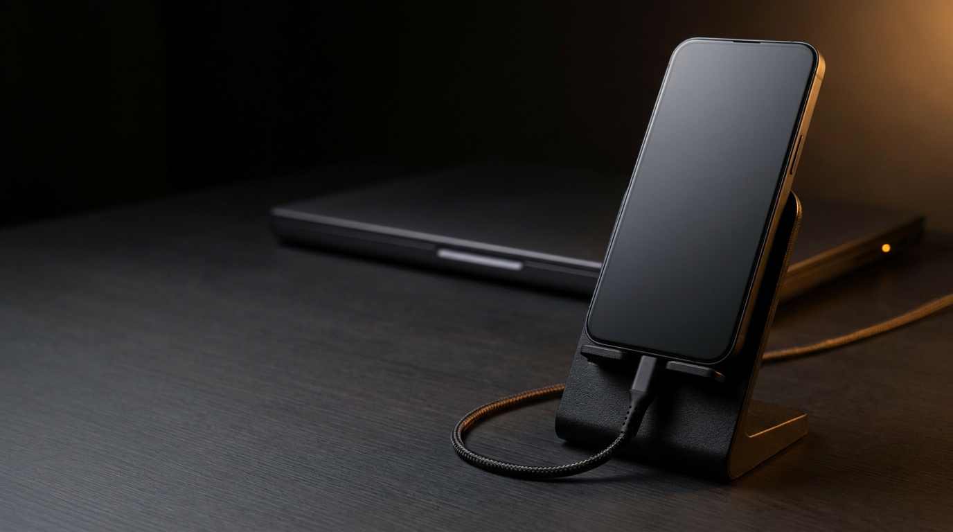 A phone standing in a dock on a dark desk with a braided cable plugged into its base, running to a closed laptop behind it.