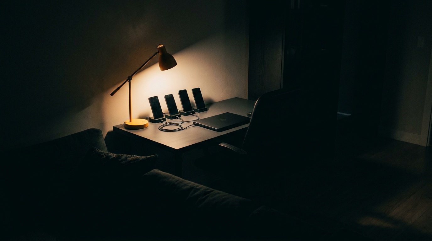 A dark room at night, empty, with one lit desk: four phones in a row cabled to a closed laptop under a single lamp.