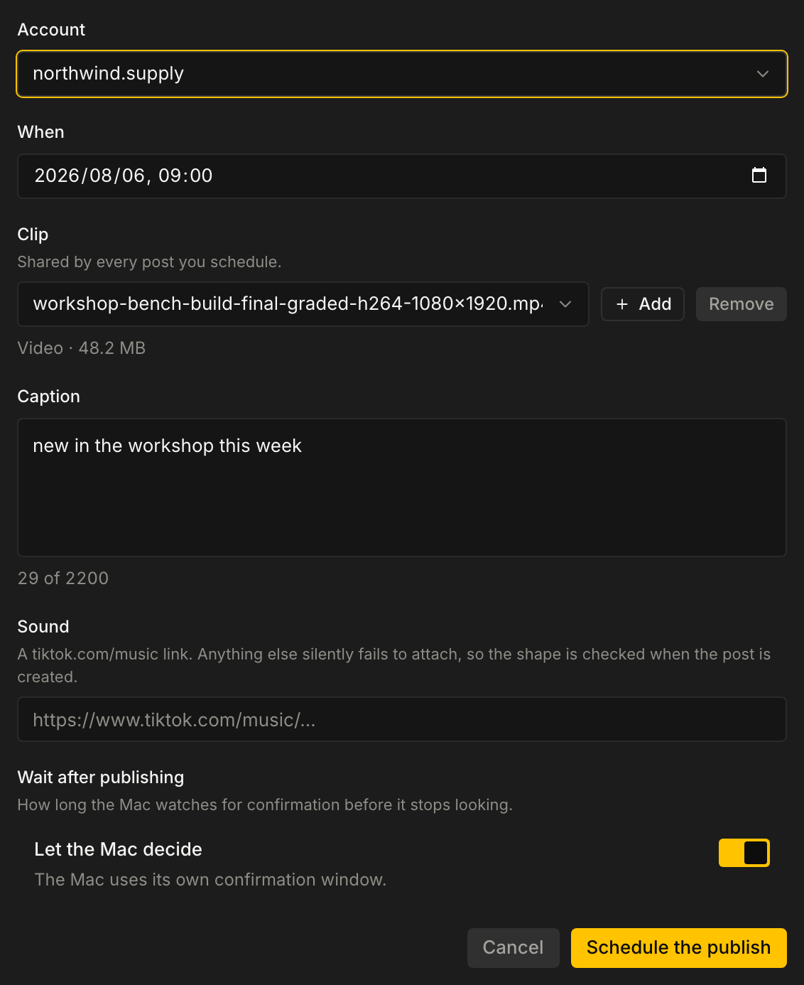 Commandr's new-post screen: the account, the video, the caption and the minute a post publishes, stated before you commit to it.