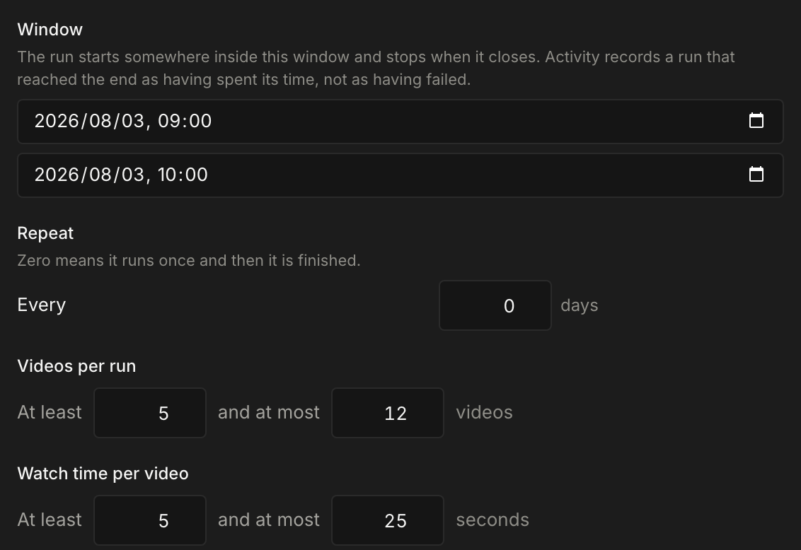 Scheduling a warm-up in Commandr: the daily window the run happens inside, how often it repeats, how many videos it watches and for how long.